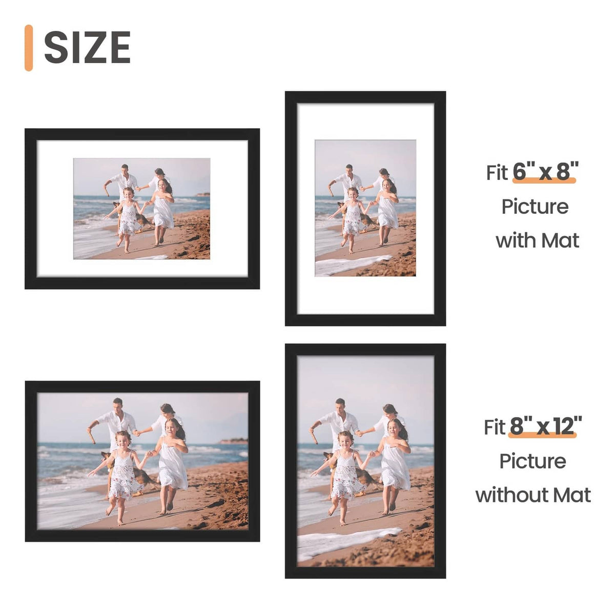 Black picture frames showing 6x8 fit with mat and 8x12 fit without mat