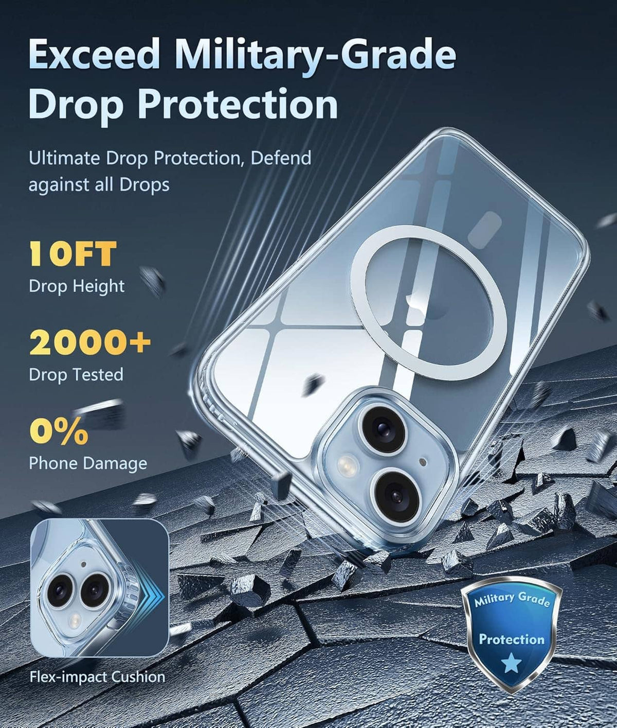 Clear iPhone 15 Plus case with raised edges around the camera