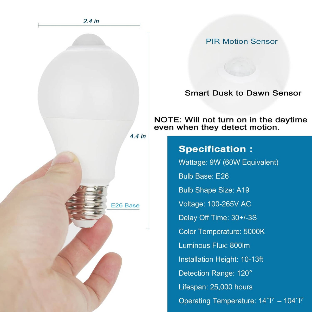 Hand holding A19 motion sensor light bulb with E26 screw base and frosted cover