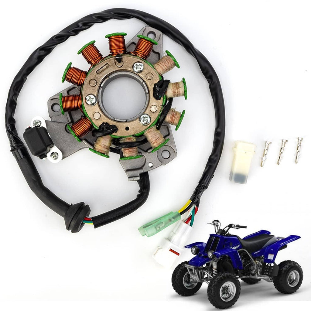 Motorcycle stator assembly with copper coils and black wire harness, front mounting ring