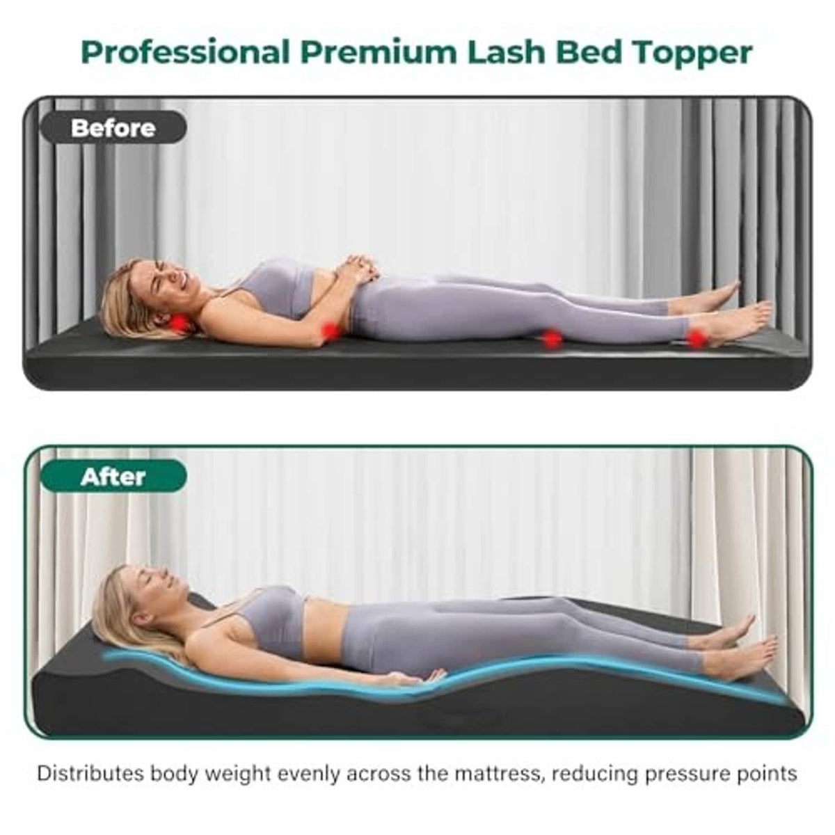 Black lash bed topper placed on a treatment bench for head-down comfort