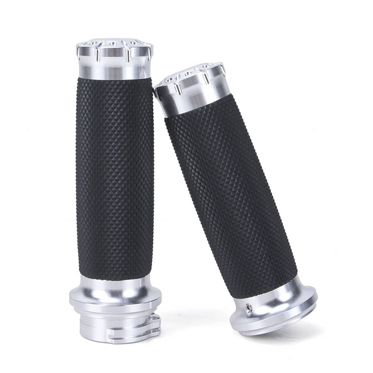 Pair of motorcycle handlebar grips, black textured rubber with chrome clamps