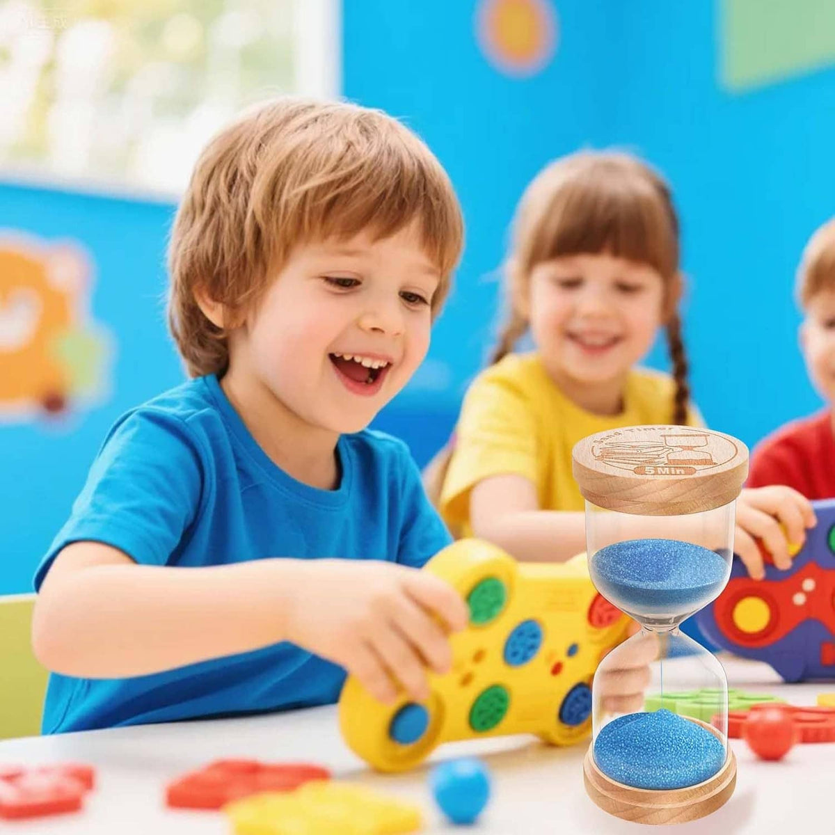 Wooden hourglass sand timer with blue sand held by a child