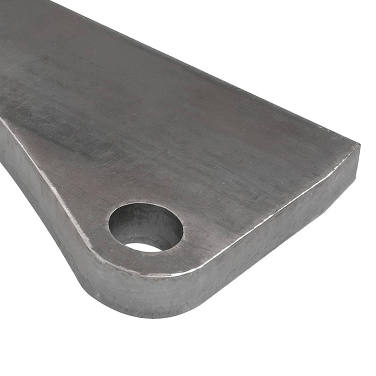 Metal quick-attach bracket end plate with circular mounting hole and curved corner