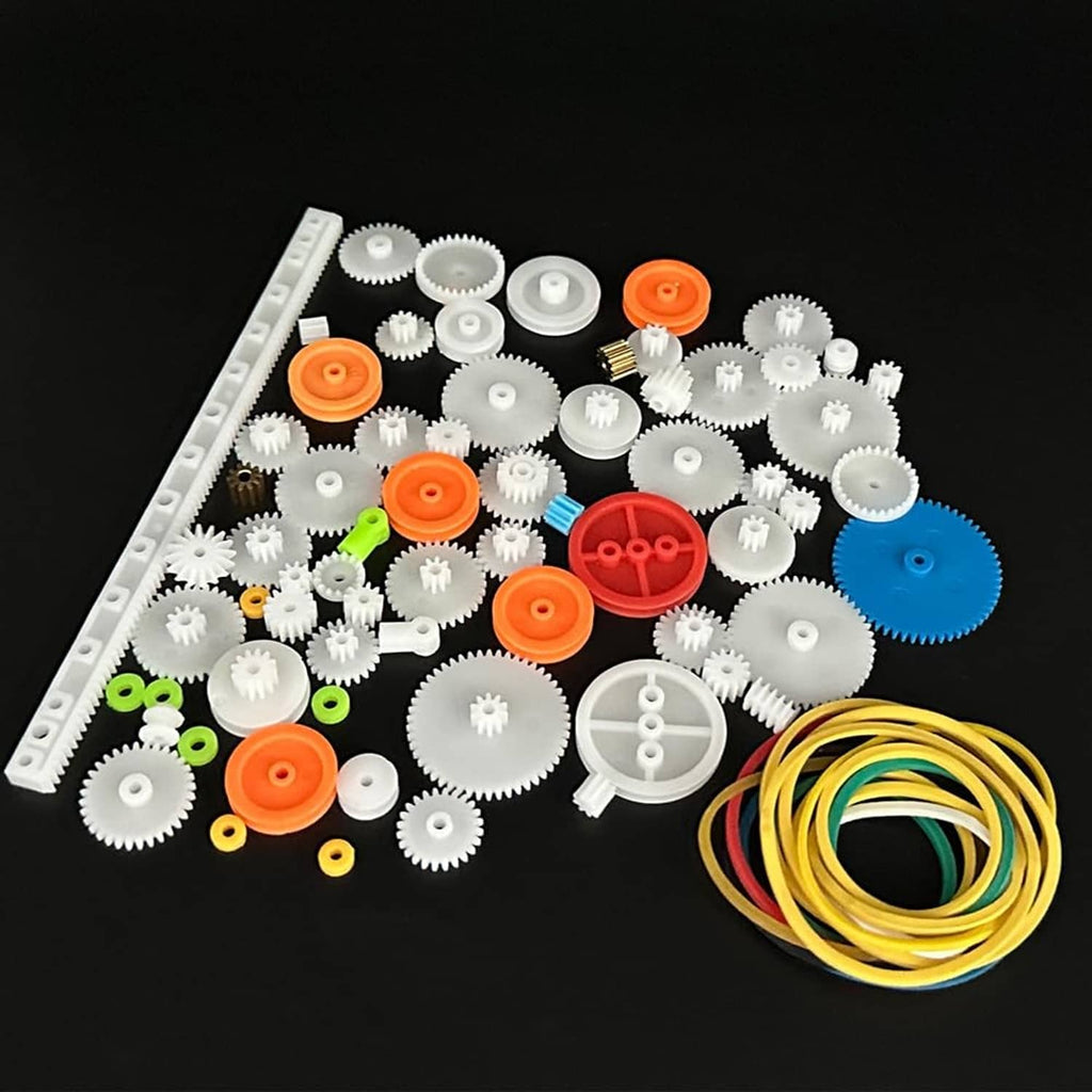 Plastic gear and pulley kit with mixed white gears, orange and blue wheels, and belt