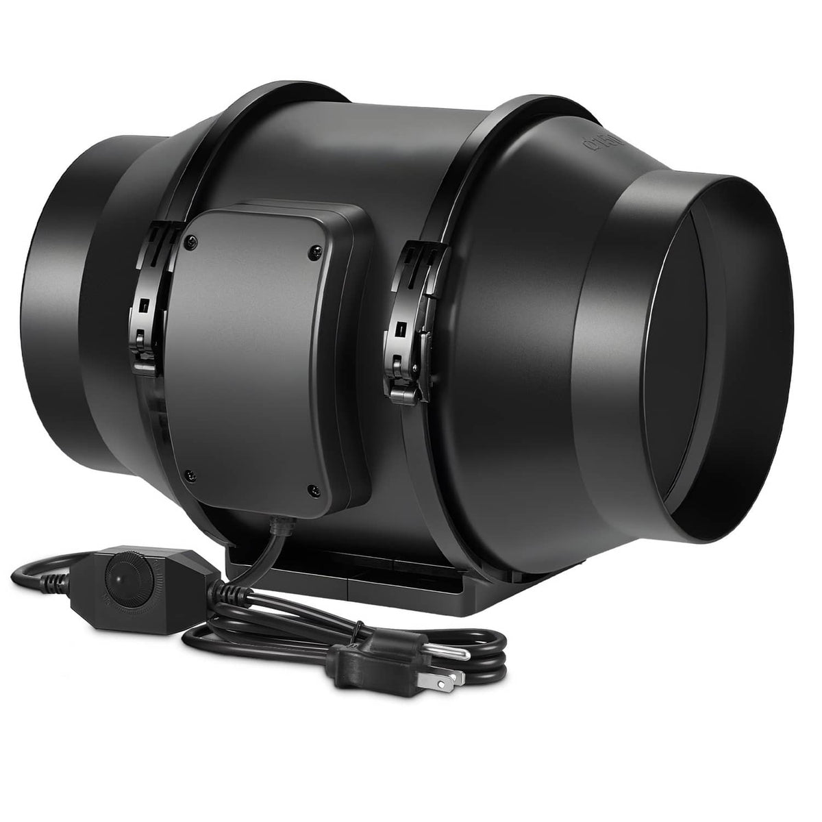 Black inline duct fan with filter ring and speed controller, includes power cord and plug