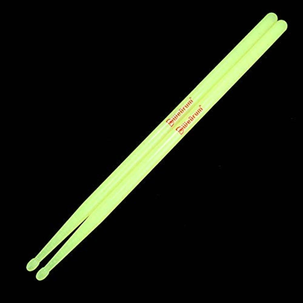 Glow drum sticks, neon green plastic 5A nylon, pair with rounded tips