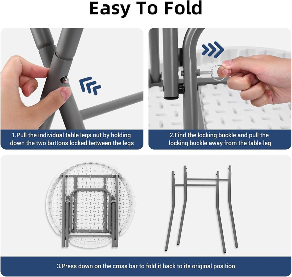 White round folding cocktail table with legs that fold using a crossbar release