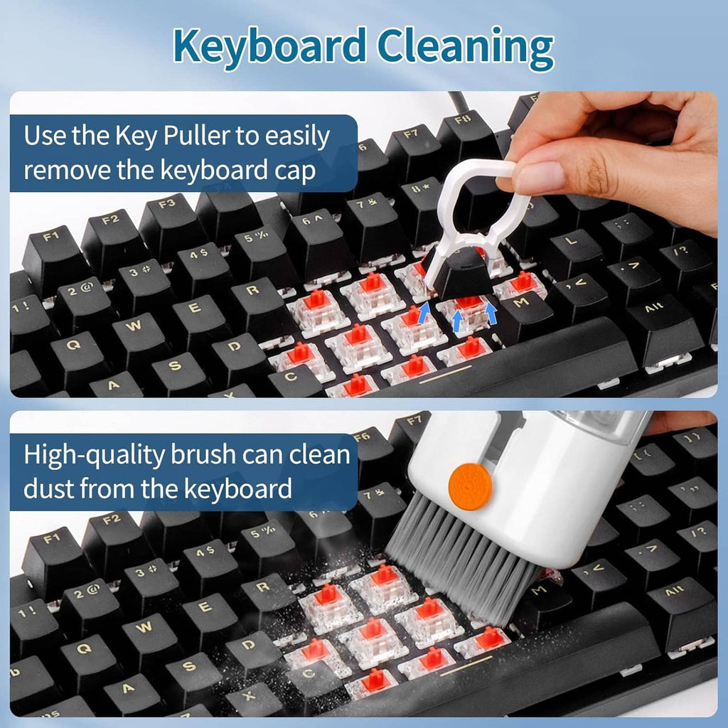 Keyboard cleaning kit using key puller and soft bristle brush with orange tip