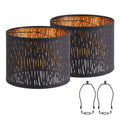 Set of 2 black drum lampshades with gold streak pattern, open top and flared rim