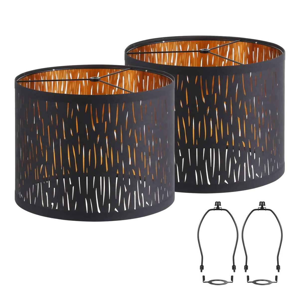 Set of 2 black drum lampshades with gold streak pattern, open top and flared rim