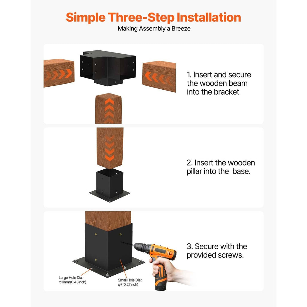 Four-way pergola bracket kit for three-step installation with provided screws