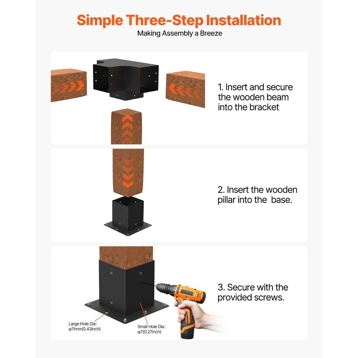 Four-way pergola bracket kit for three-step installation with provided screws