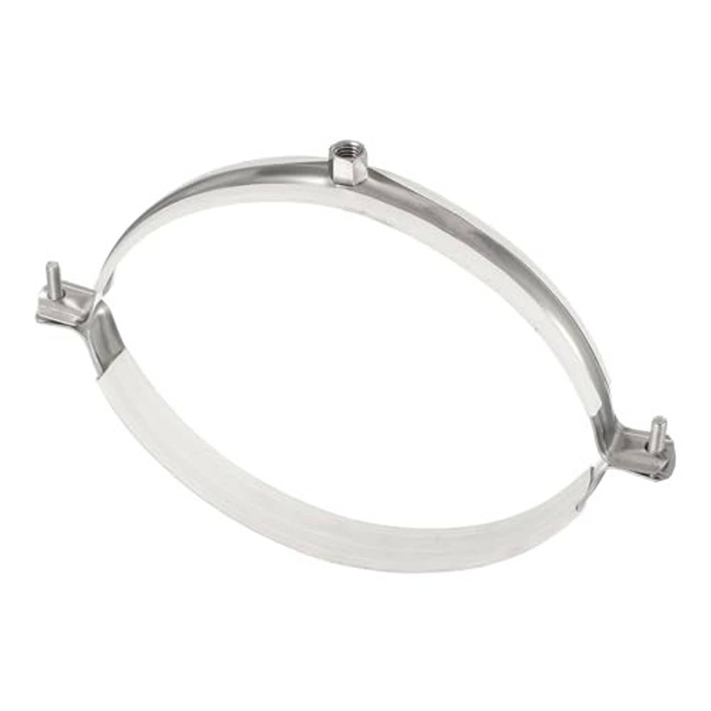 Metal split-ring pipe hanger for mounting pipes with four fastening points.