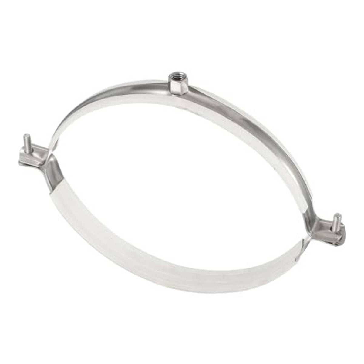 Metal split-ring pipe hanger for mounting pipes with four fastening points.
