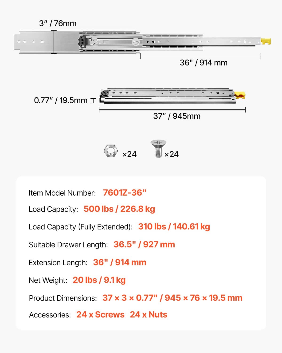 36-inch full-extension drawer slide with labeled dimensions and ball-bearing track