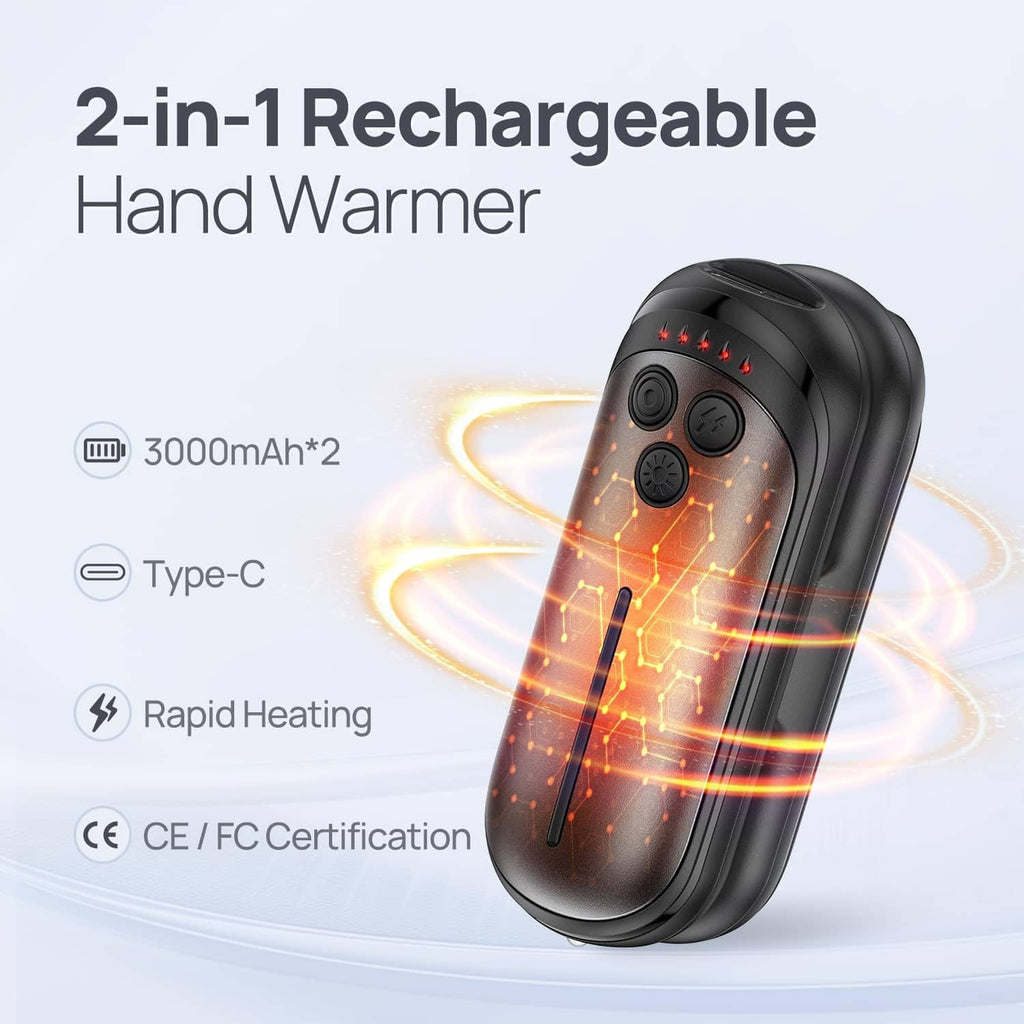2-in-1 rechargeable black electric hand warmer with heat glow through top panel