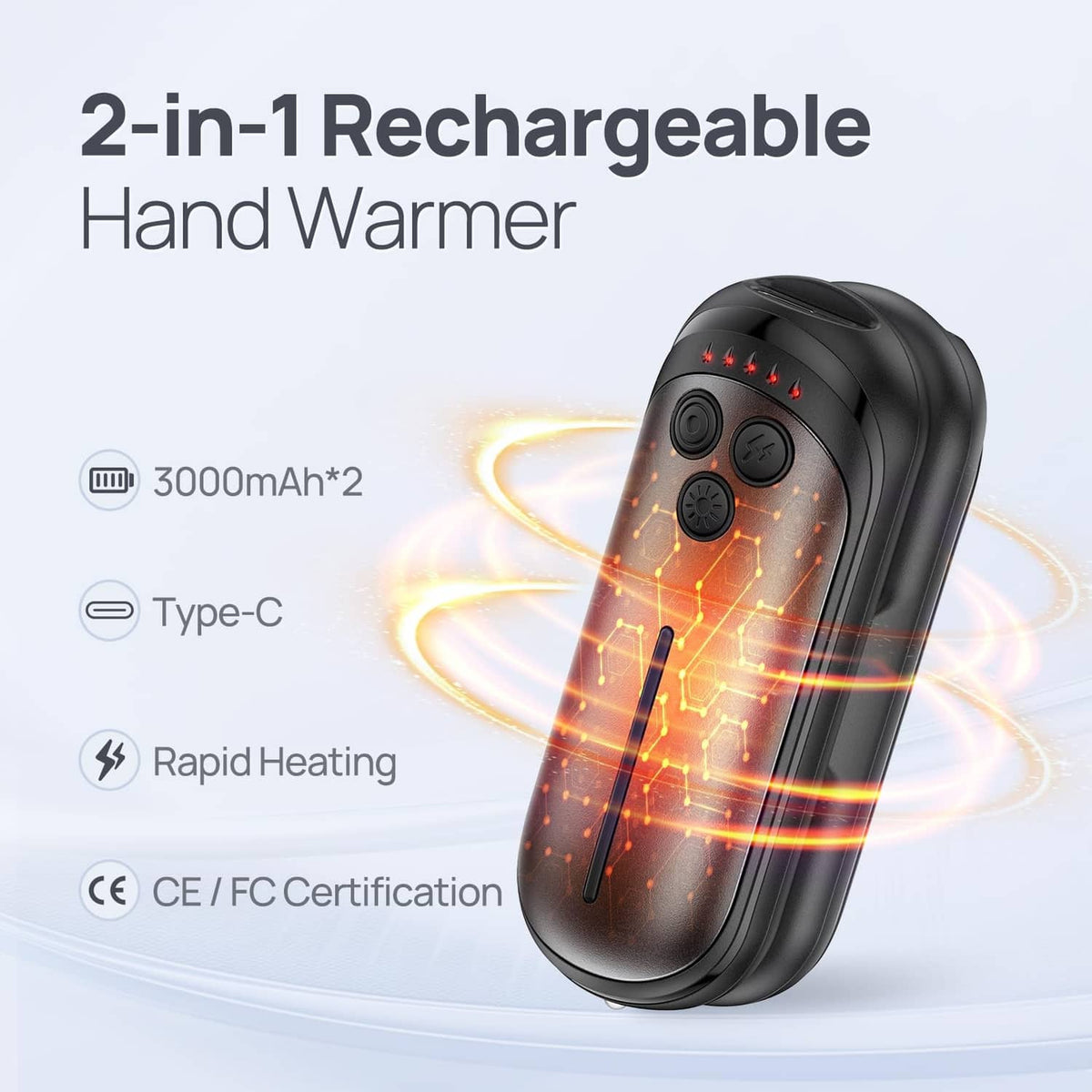2-in-1 rechargeable black electric hand warmer with heat glow through top panel