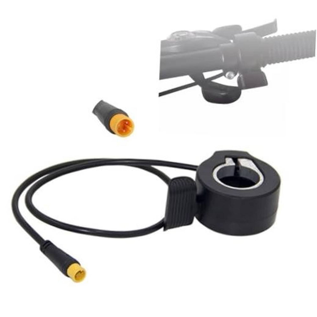 Black e-bike thumb throttle with cable and yellow-labeled sensor cap