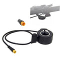 Black e-bike thumb throttle with cable and yellow-labeled sensor cap
