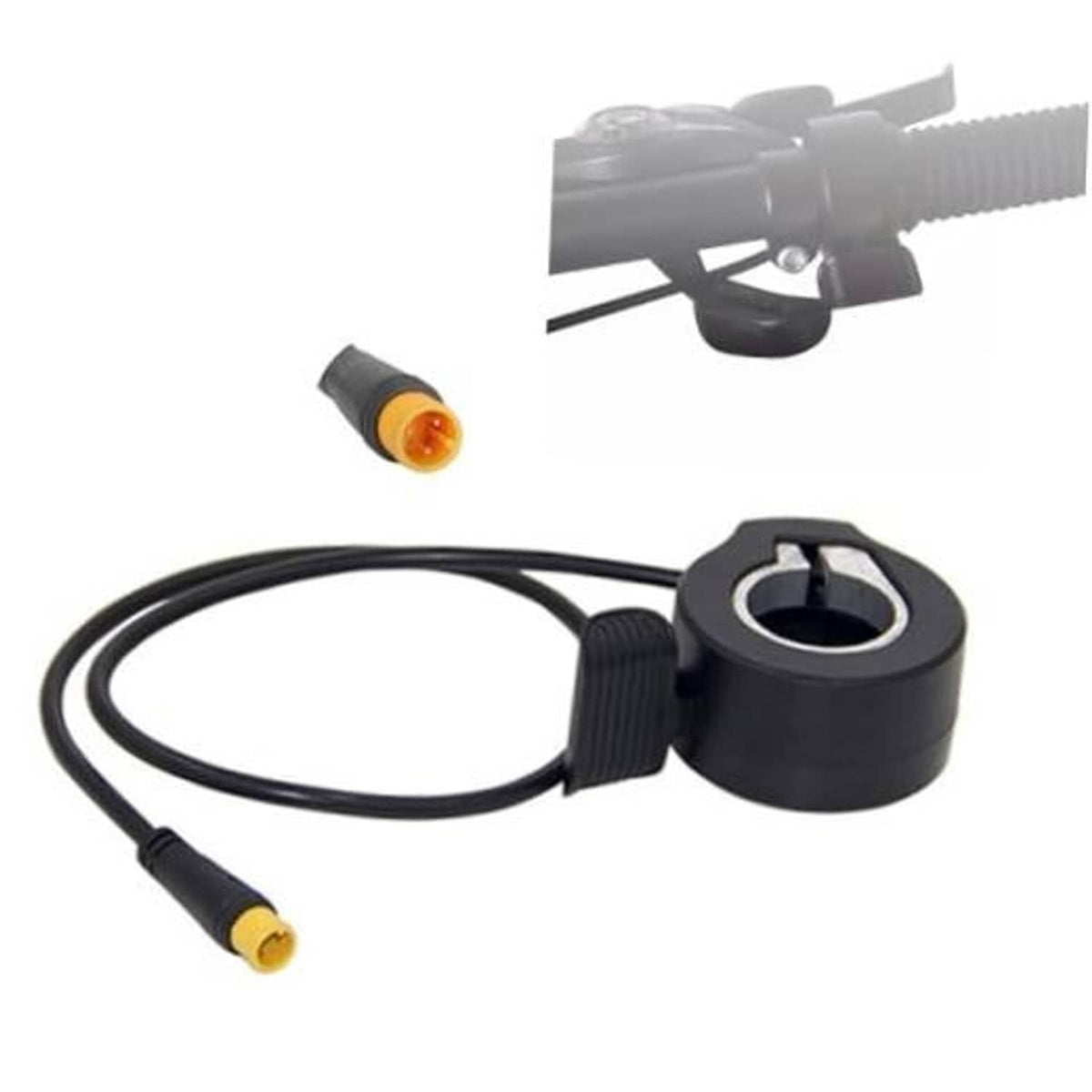 Black e-bike thumb throttle with cable and yellow-labeled sensor cap