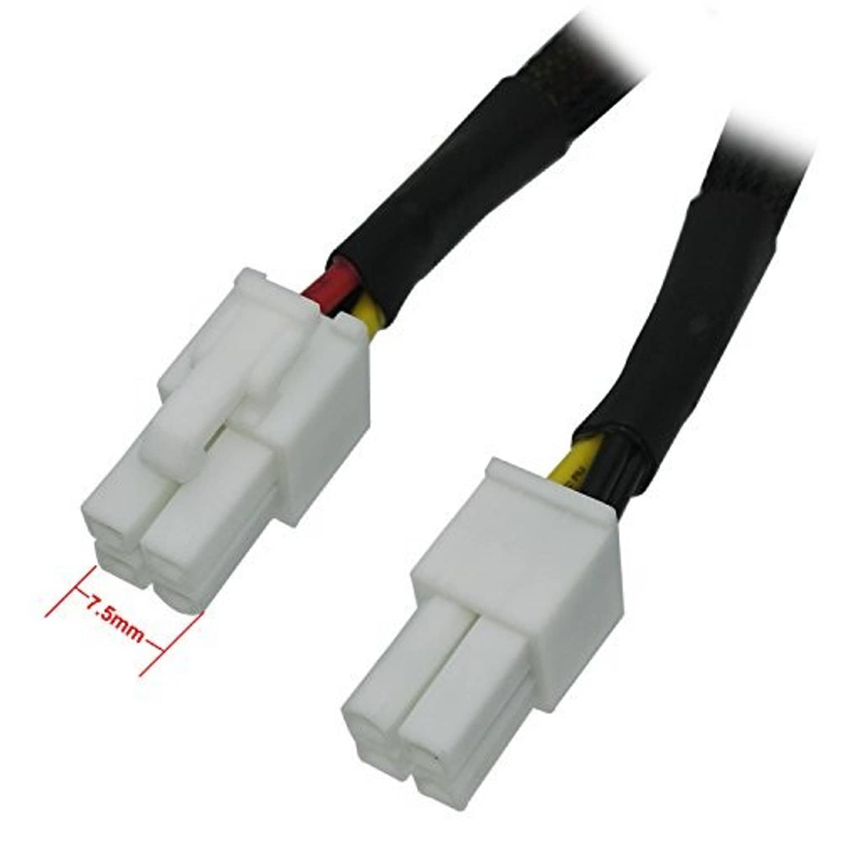 Close-up of white SATA power plug ends on black cable, showing connector fit