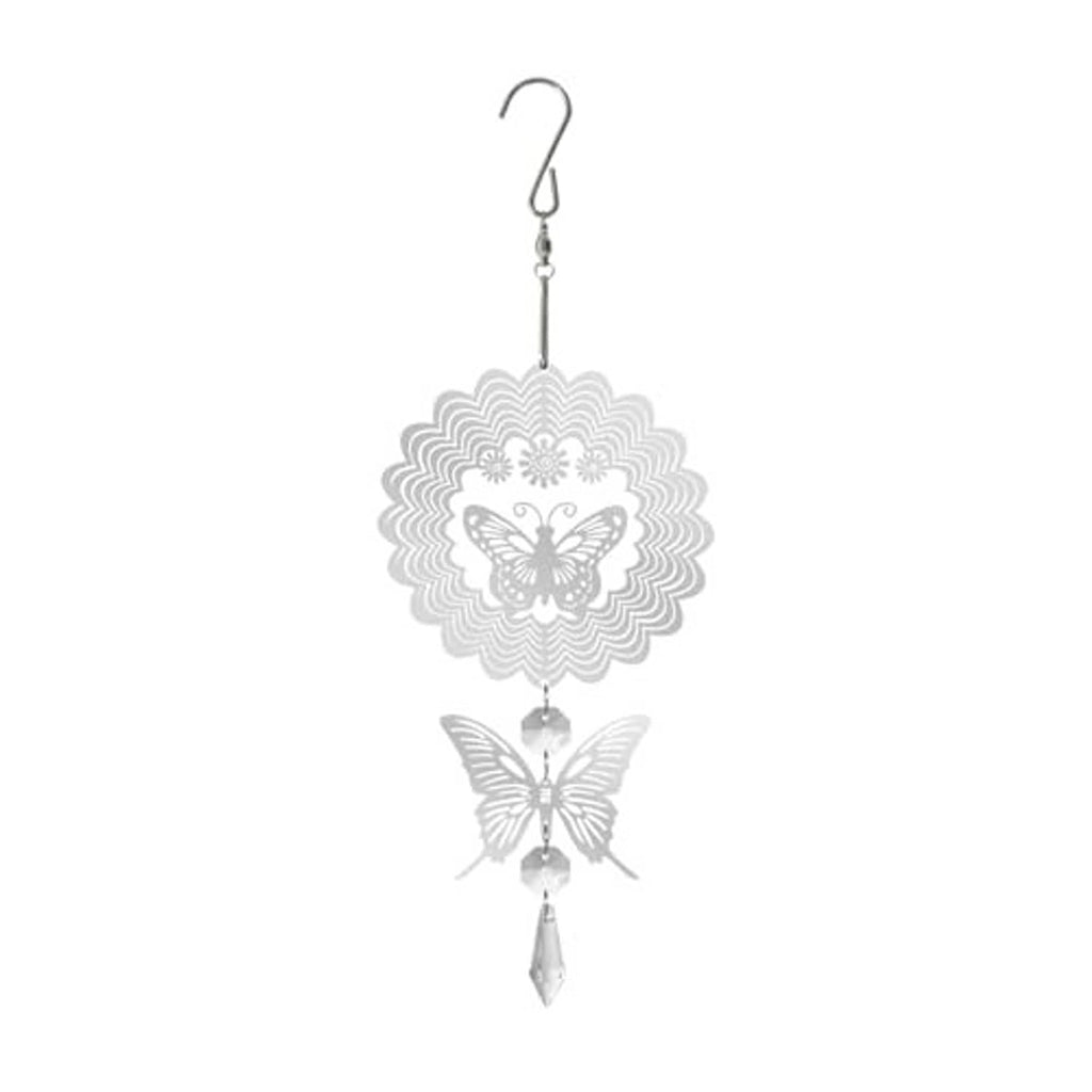 Silver sunburst wind spinner with two butterfly cutouts and hanging crystal drops.