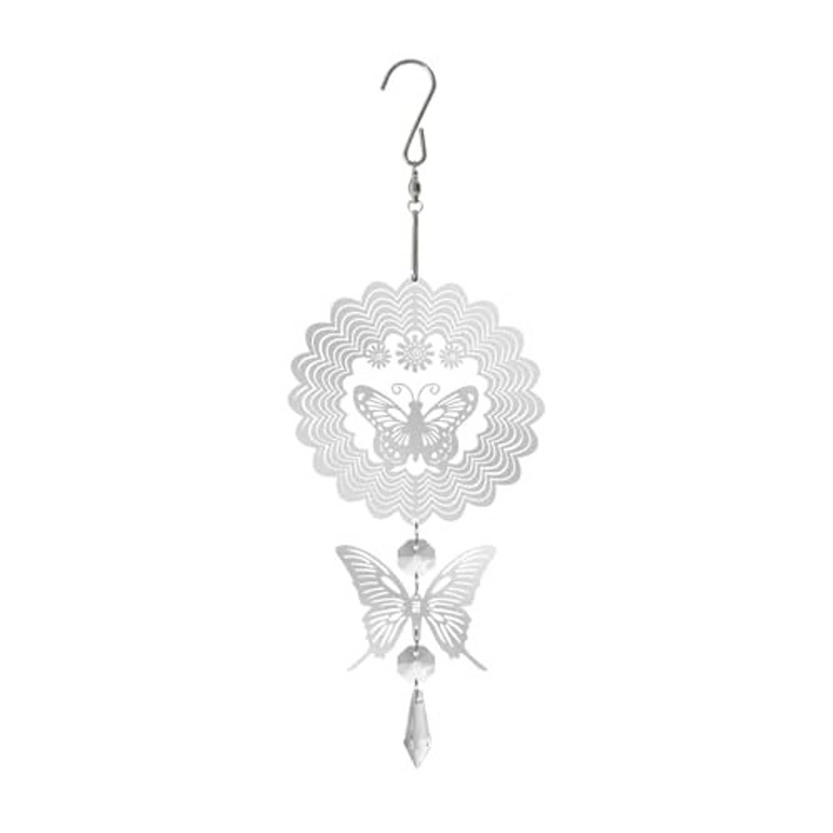 Silver sunburst wind spinner with two butterfly cutouts and hanging crystal drops.