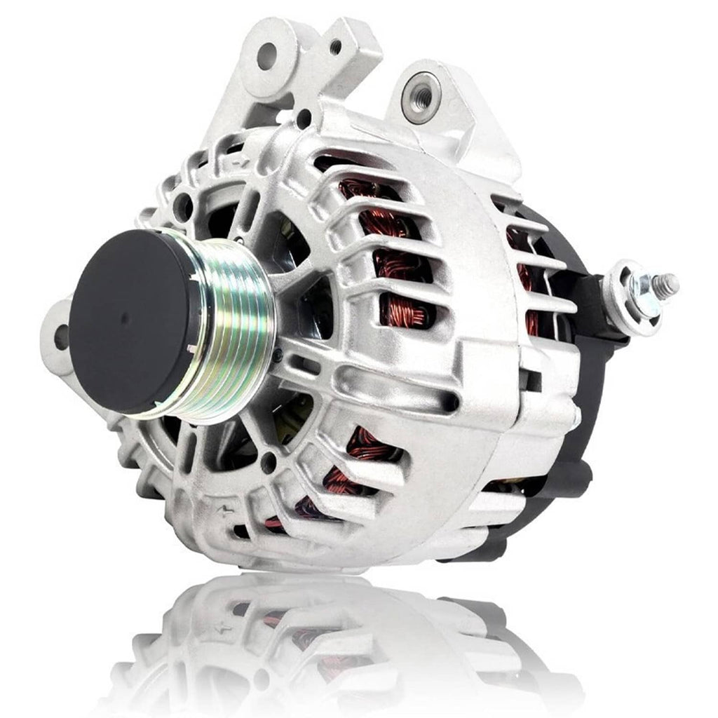 Silver alternator with front pulley and exposed internal fan blades