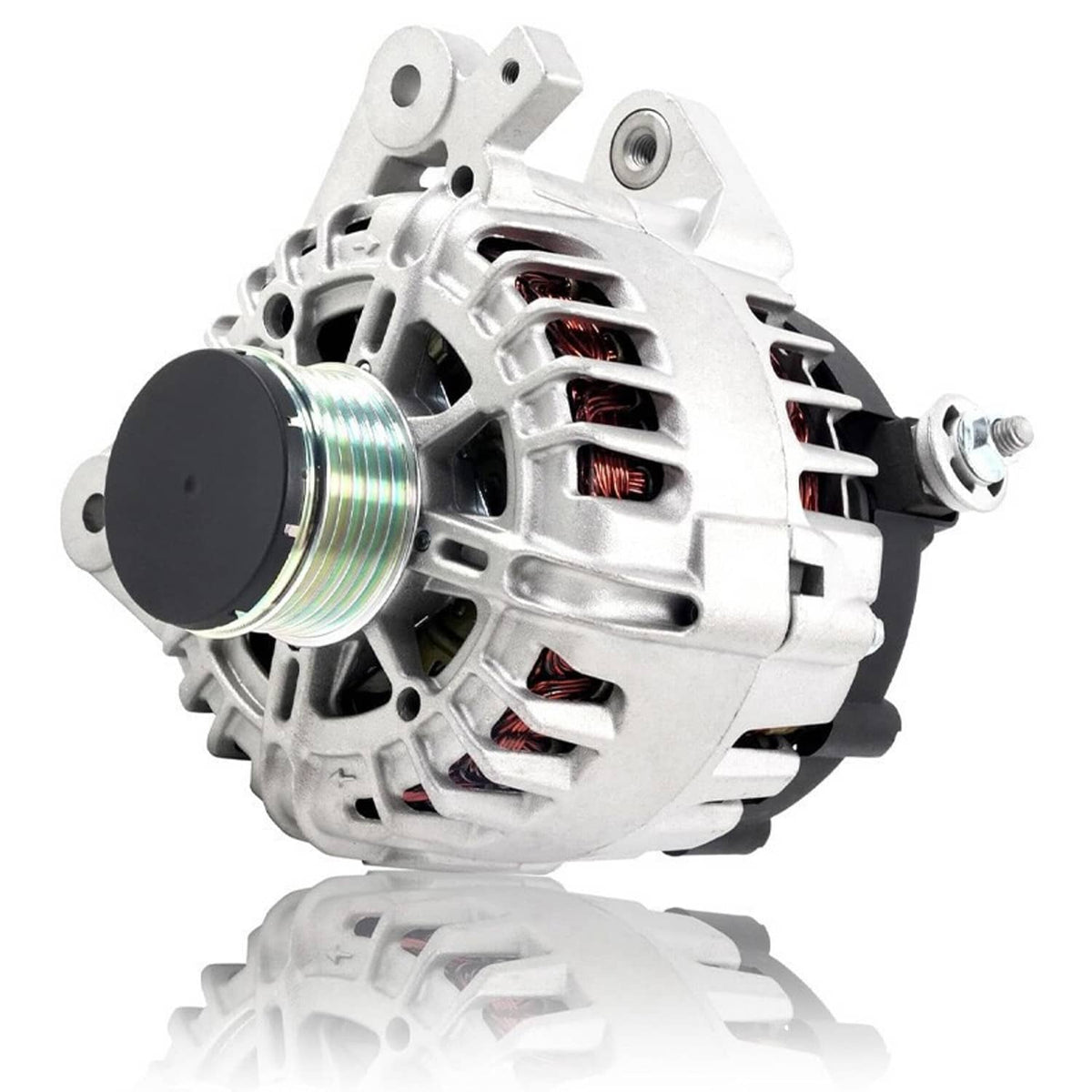 Silver alternator with front pulley and exposed internal fan blades