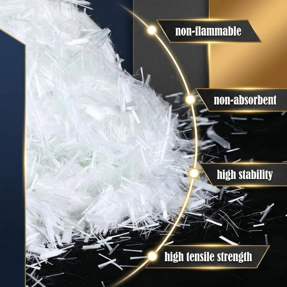 White fiberglass reinforcement strands, dense angled pile with loose fibers
