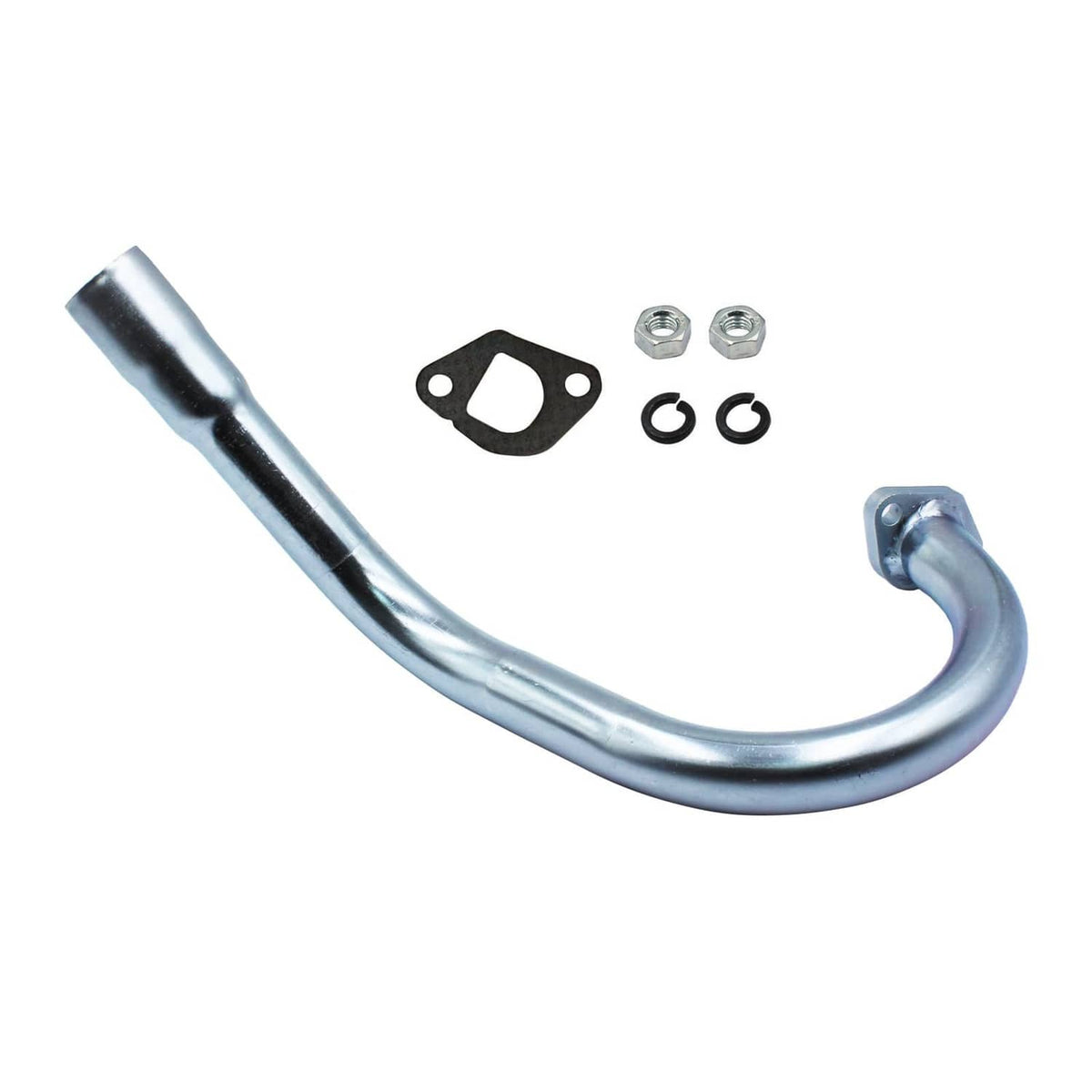 Curved exhaust header pipe with gasket, bolts, and clamp bracket; silver metal tube