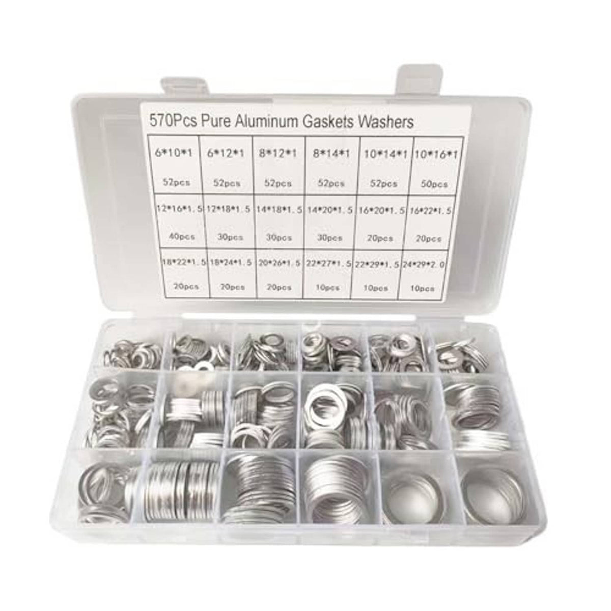 Assorted aluminum oil drain plug crush washer gaskets in compartmented organizer