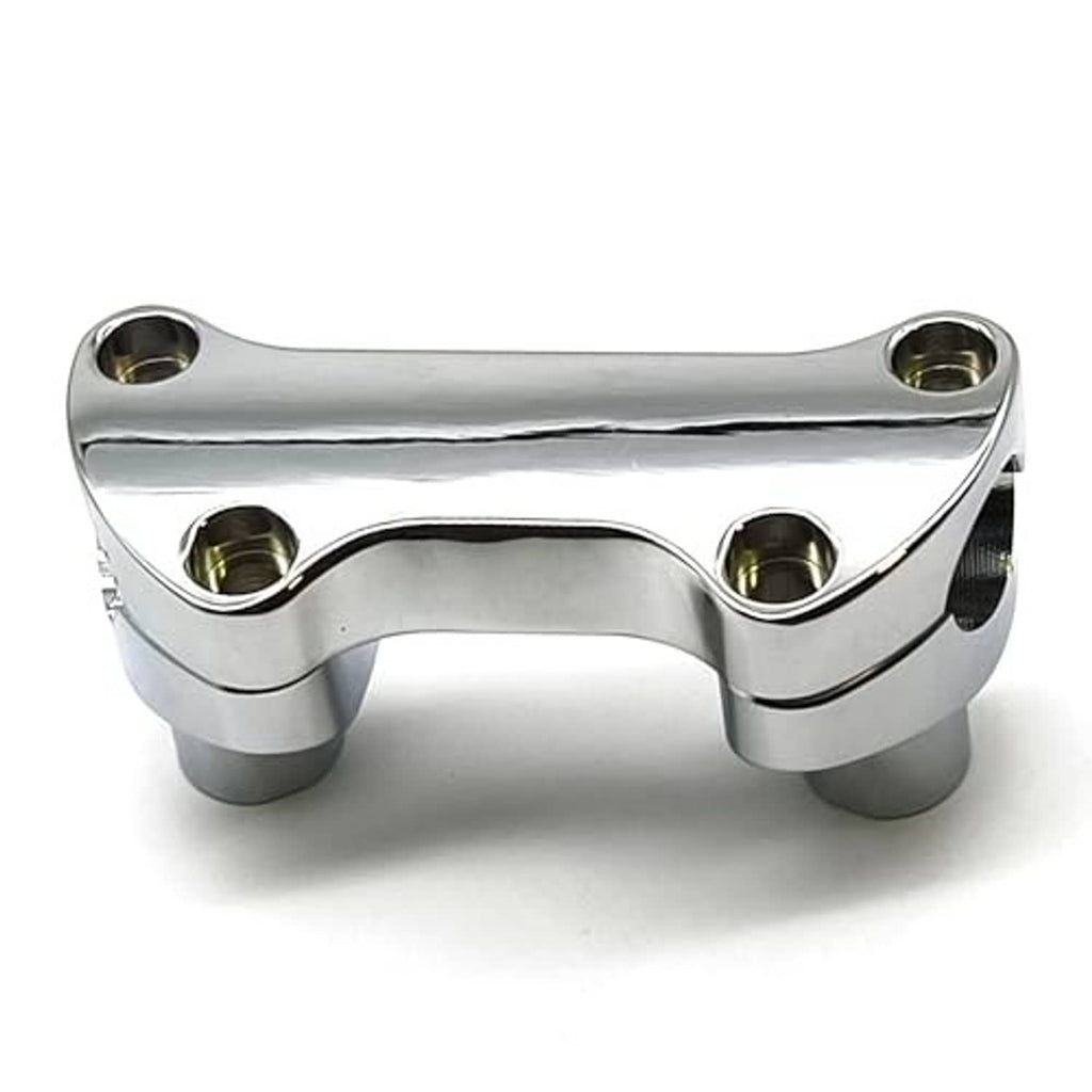 Chrome handlebar riser base with two posts, side inserts, and four bolt holes