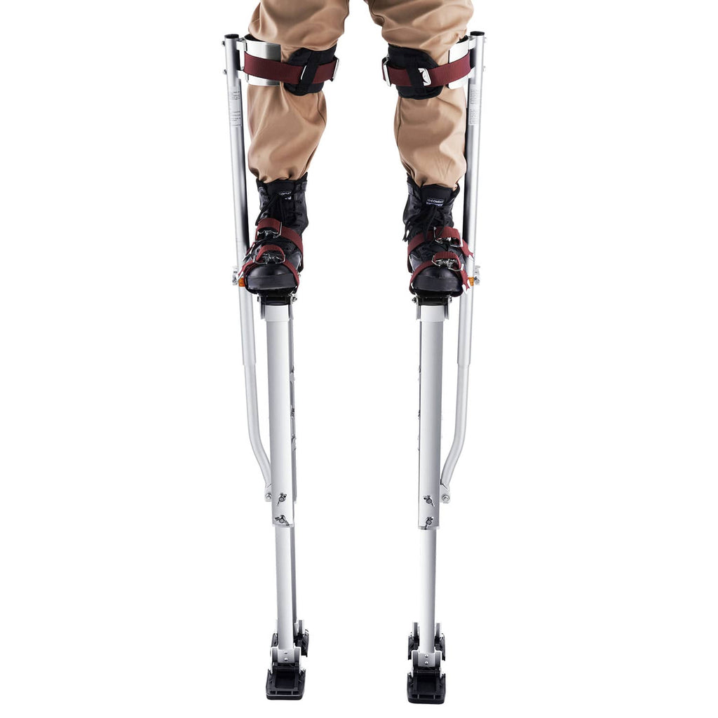Adjustable aluminum painting stilts with black/red foot platforms and leg straps