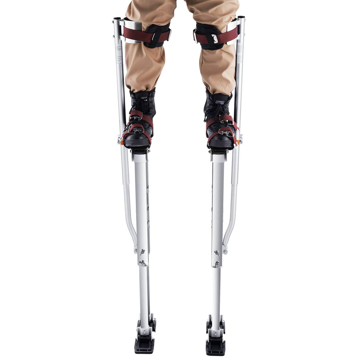 Adjustable aluminum painting stilts with black/red foot platforms and leg straps