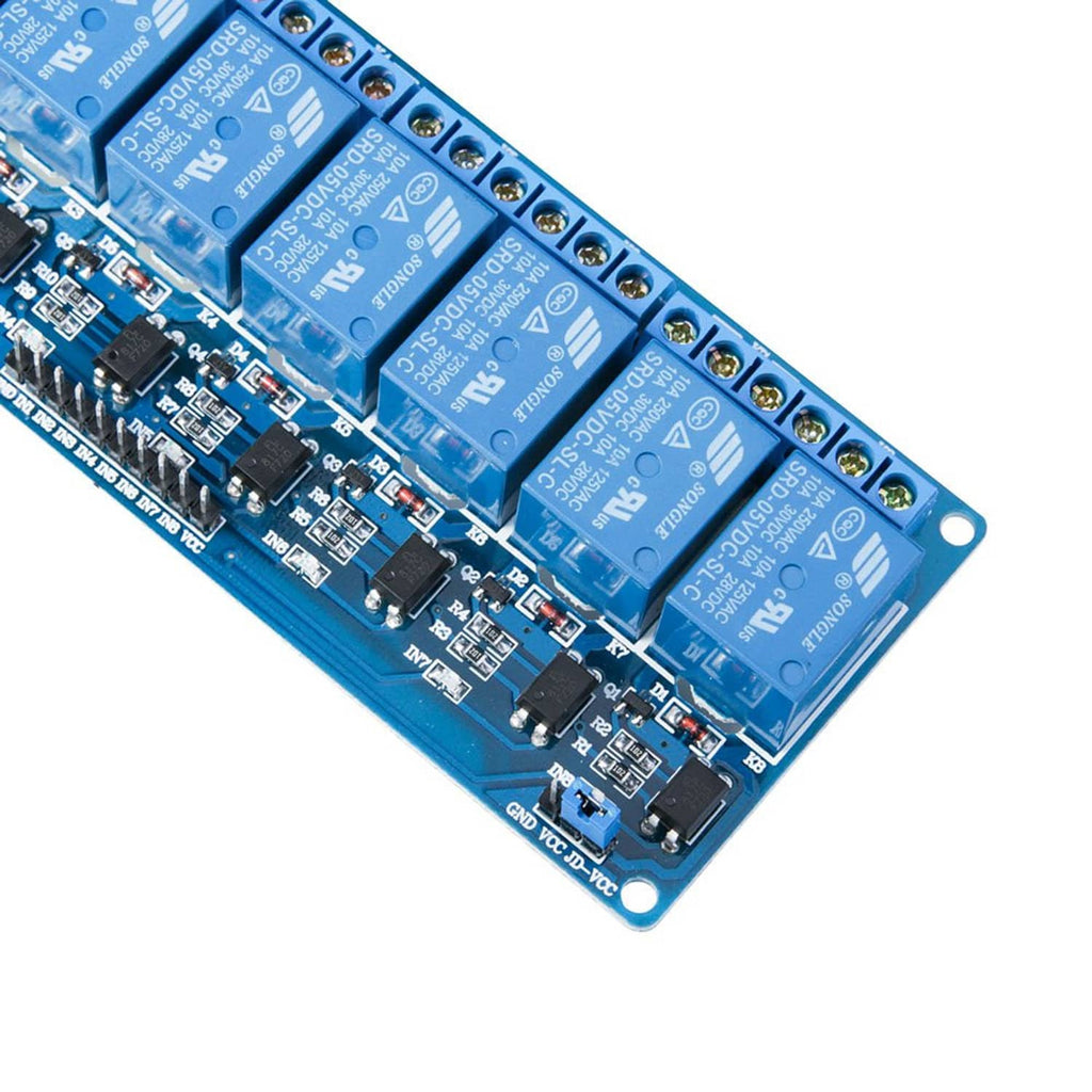 8-channel DC relay module with optocouplers, close-up of blue relay section and pins
