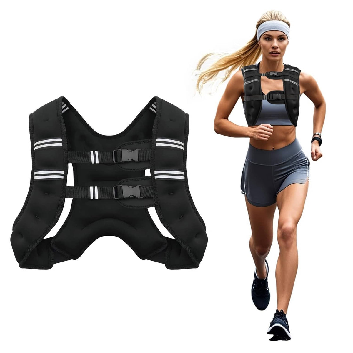 Black weighted vest with adjustable straps and reflective bands, laid flat