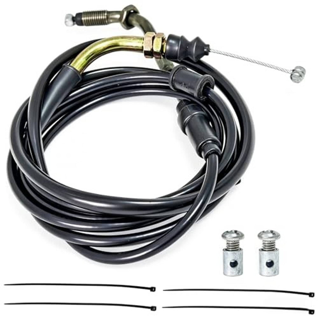 Throttle cable set with black housing and braided wire, includes small mounting screws