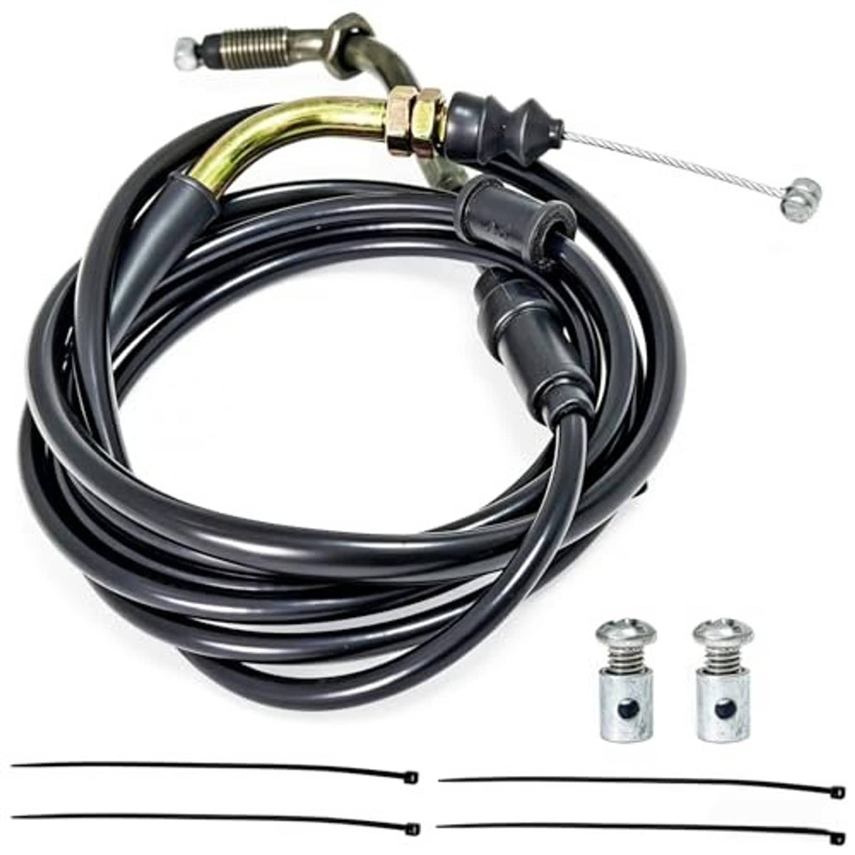 Throttle cable set with black housing and braided wire, includes small mounting screws