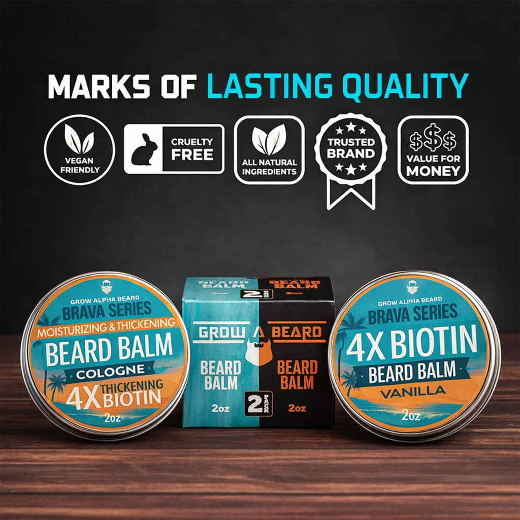 Beard balm tins lineup with vegan and cruelty-free badges, 4x biotin beard balm, 2 oz