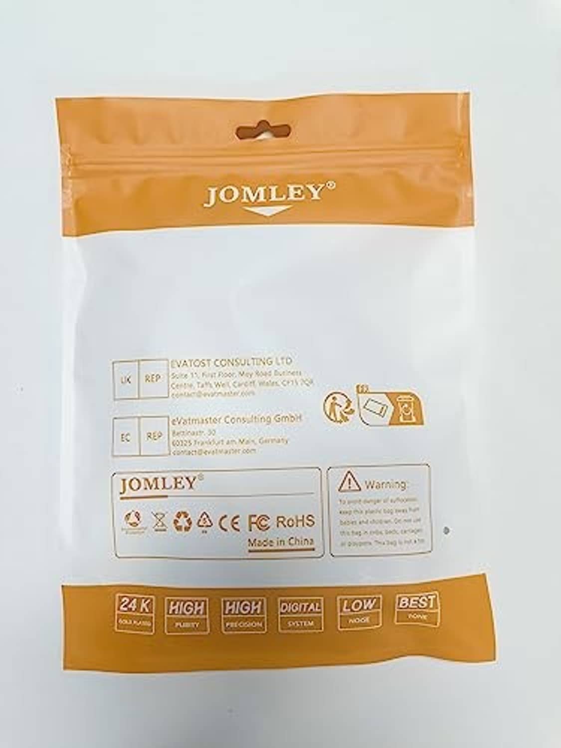 Jomley cable packaging back with specifications and warning icons