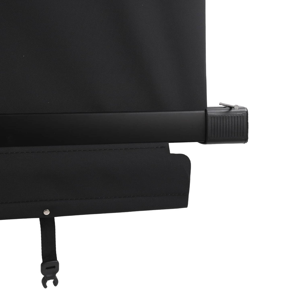 Black trunk cargo cover end with ridged strap adjuster and hanging hook