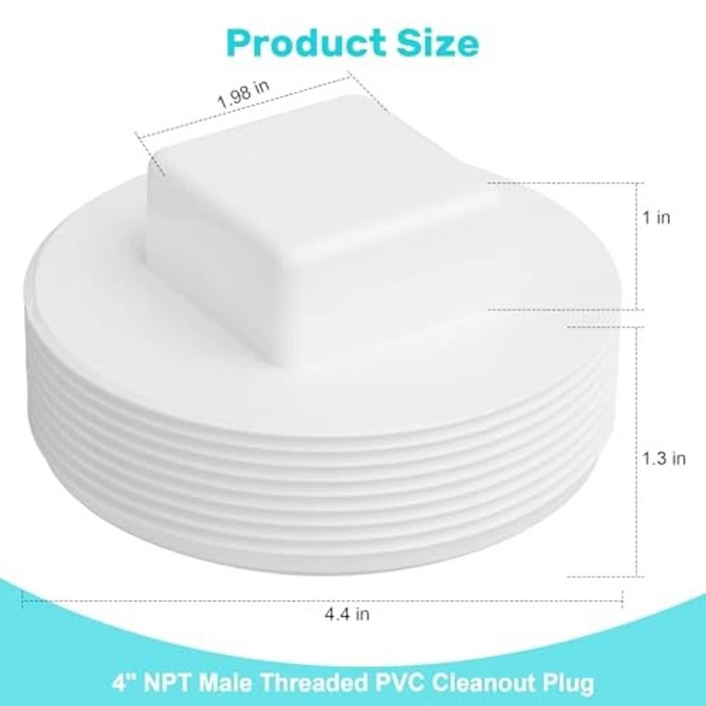 White PVC threaded cleanout plug cap with ridged edge and rectangular top notch
