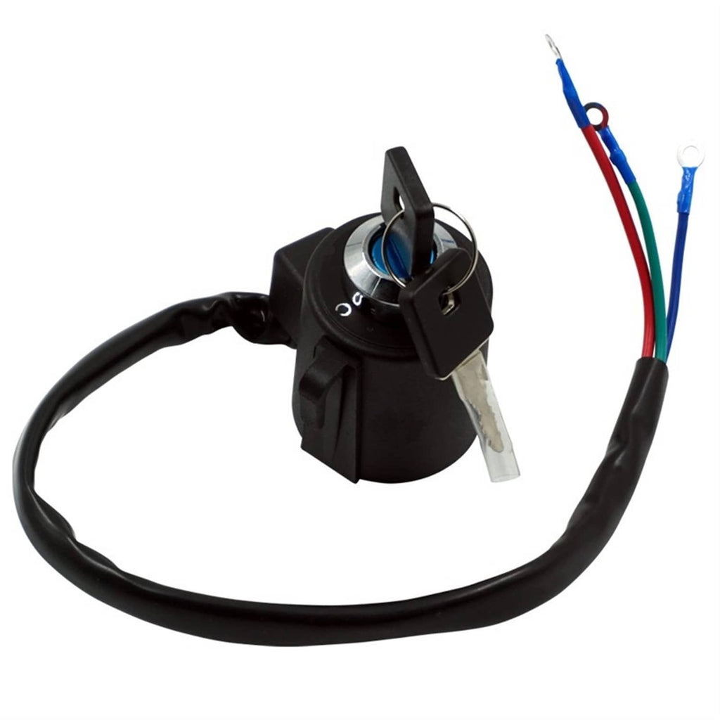 Ignition switch lock set with key inserted, black housing, blue cylinder, wiring harness