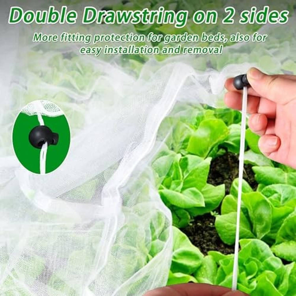 White garden netting cover with double drawstring on both sides for easy fit