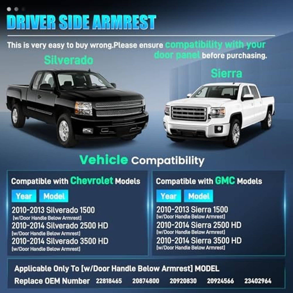 Driver-side armrest kit showing black handle with vehicle compatibility graphic