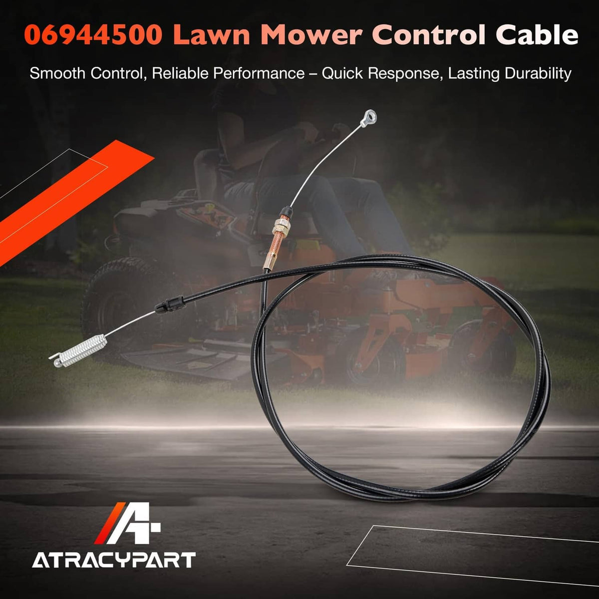 Lawn mower control cable assembly with black cable loop and metal end fittings