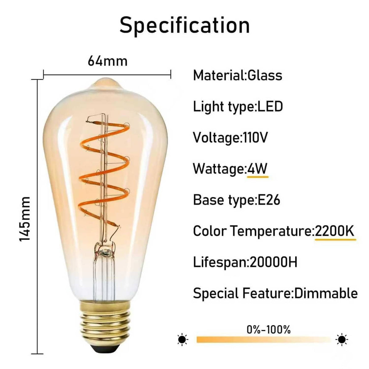 Amber glass E26 LED Edison bulb with spiral filament, vintage coil glow