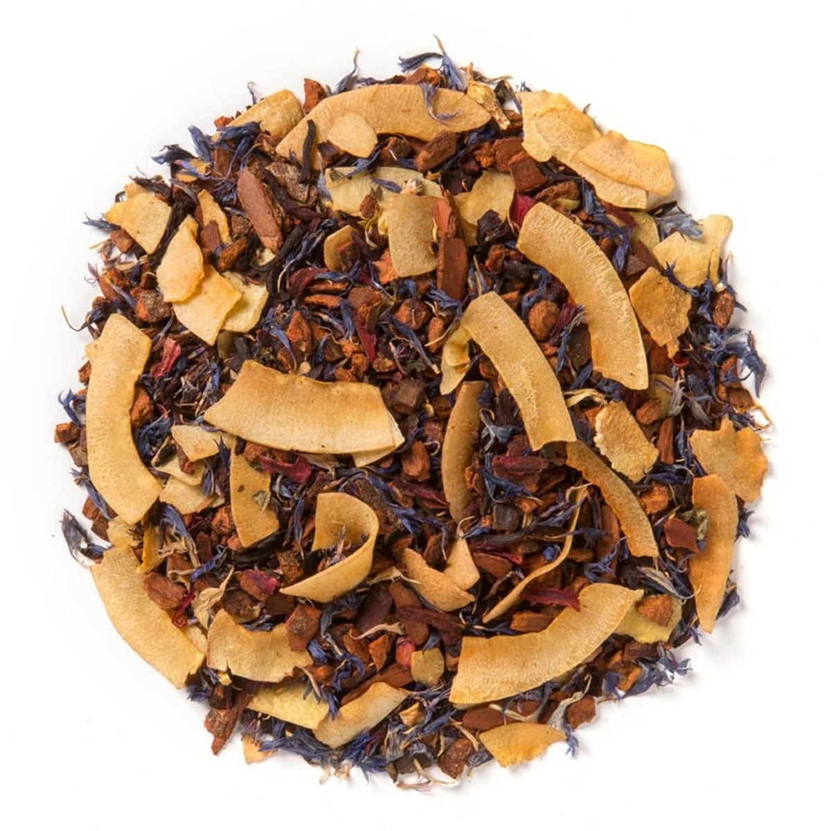 Loose leaf tea blend with dark tea leaves and golden dried fruit flower pieces